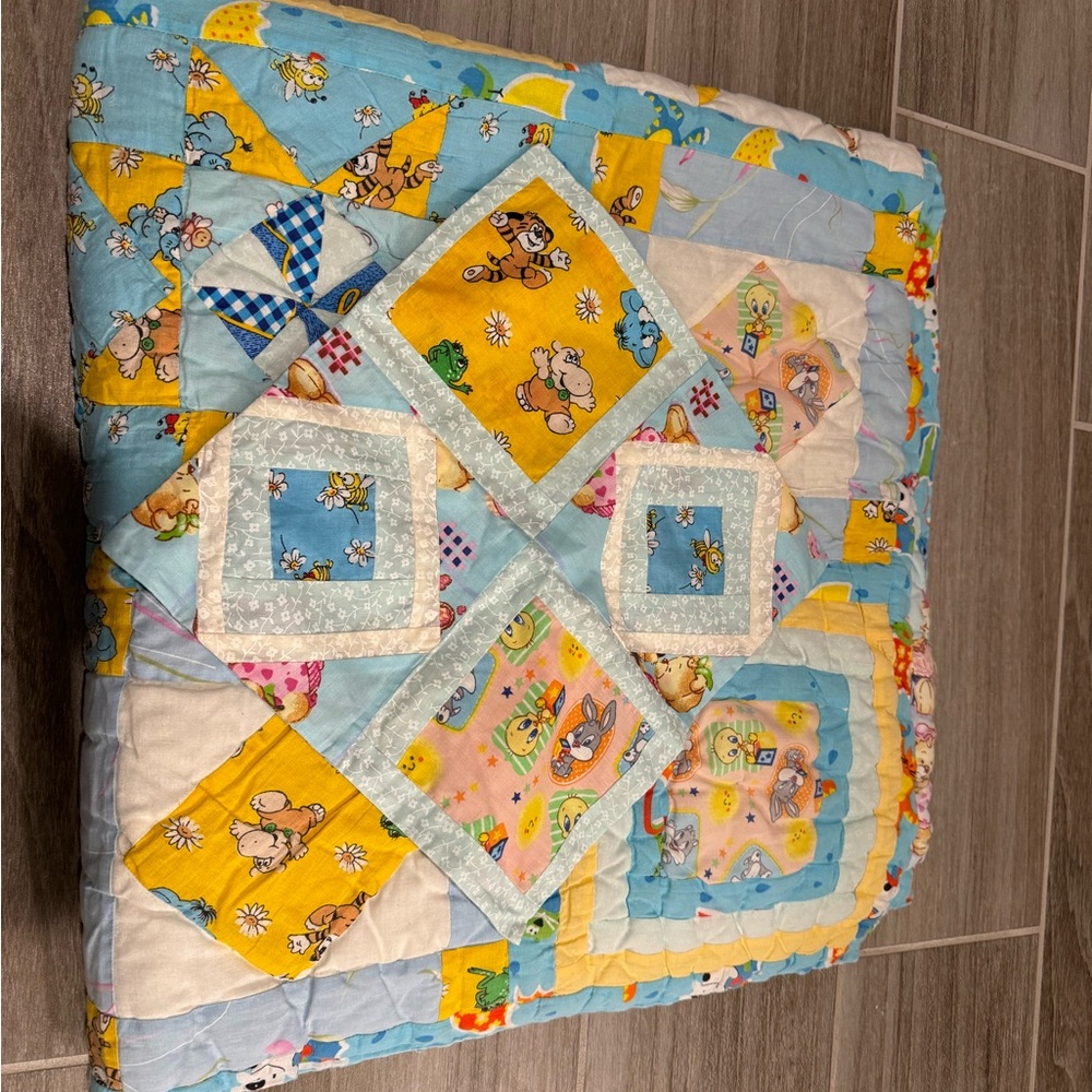 Handmade Patchwork Baby Quilt/Comforter - Vintage Print Fabric - 45”x45”